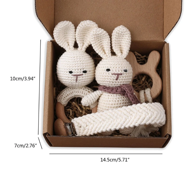 

4pcs Handmade Crochet Baby Rabbit Stuffed Dolls Newborn Bunny Rattle Toy Wooden Teething Ring Pacifier Chain Clips Baby Stuff