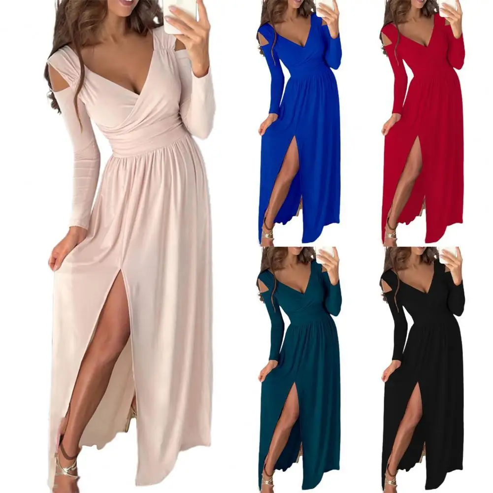 

Women Dress Solid Color Split Hem Autumn Mid Waist Slit Dress for Daily Wear