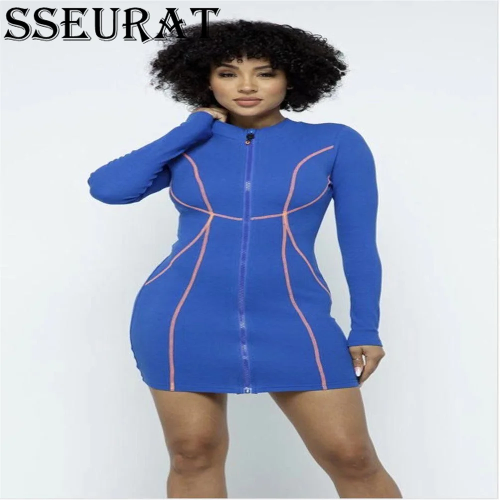 

SSEURAT Autumn Sports Women Solid Mini Bodycon Dress Active Zipper Long Sleeve Midi Pencil Dresses