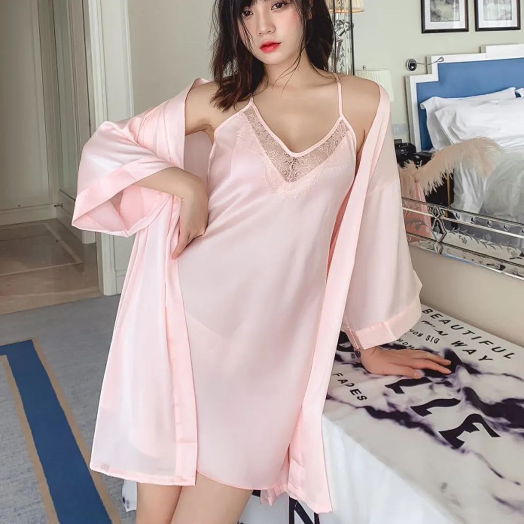 Осенний Свадебный халат + ночная рубашка сексуальное женское кружевное шелковое