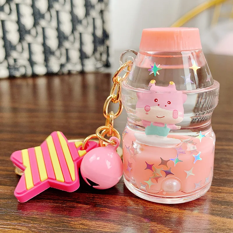 

New Cartoon Yogurt CowKey Chain Female Creative Animal Cute Liquid Keyring Couple's Lovers Bag Hanging Decoration Keyring Hot