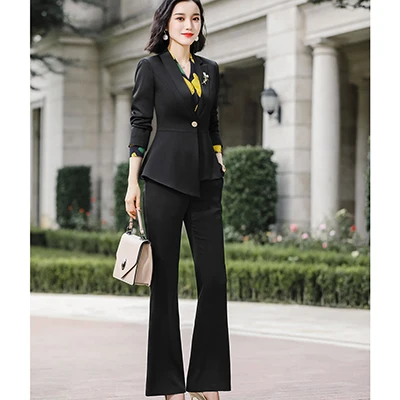 Black Pant Suit 2 Женский элегантный брючный костюм, тонкий, модный, формальный, черный, белый, длинный рукав, симметричный блейзер с брюками, офисный Женский Костюм 4XL - Цвет: Black Pant Suit 2