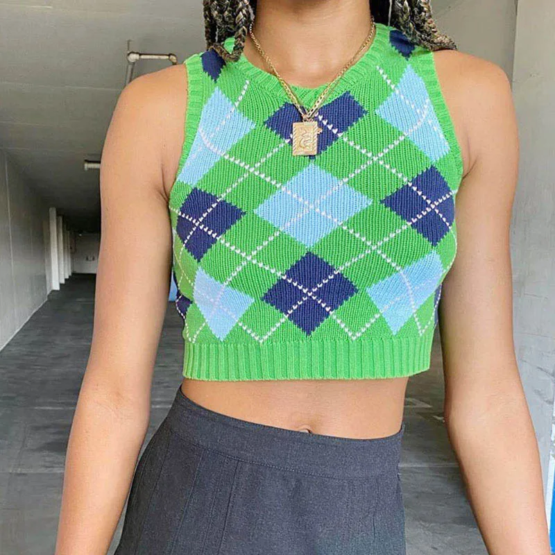 

Green Top British Style Sleeveless Plaid Knitted Crop Sweaters Casual Top 2020 Women Cropped Vintage Argyle Sweater Vest
