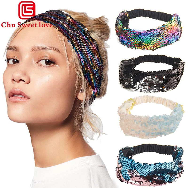 Двухсторонняя модная винтажная эластичная повязка для волос с блестками в виде