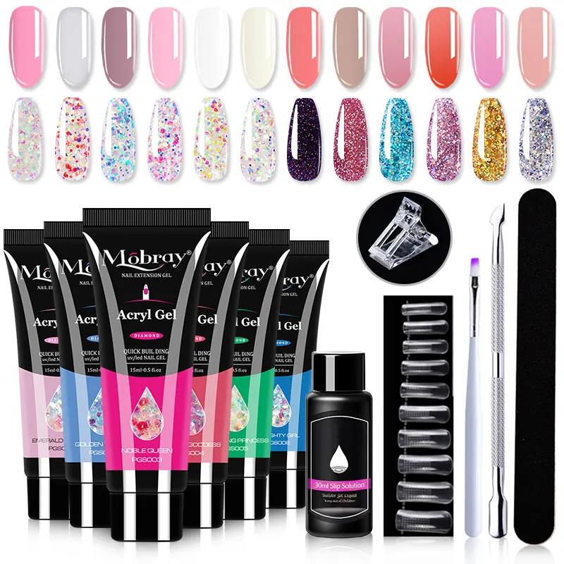 

Mobray Glitter Poly UV Gel Set Nail Gel Kit Crystal Builder Poly Nail Gel Polygels Set with Lamp Gel Polish for Nail Extension