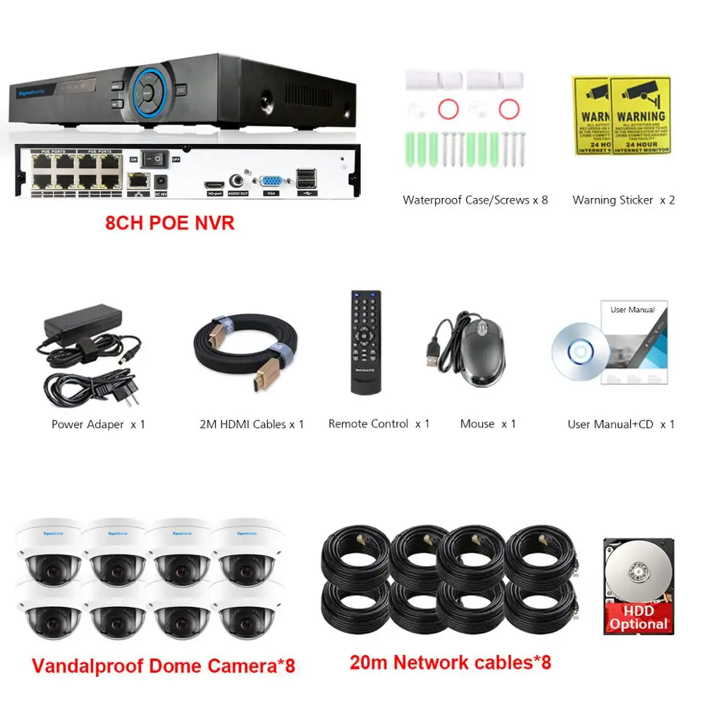 8 Camera with Cables TOPROHOIME H.265+ 8CH POE NVR комплект 48 В 2MP 1080P VandalProof аудио запись звук камеры безопасности 2MP камера ночного видения - Цвет: 8 Camera with Cables
