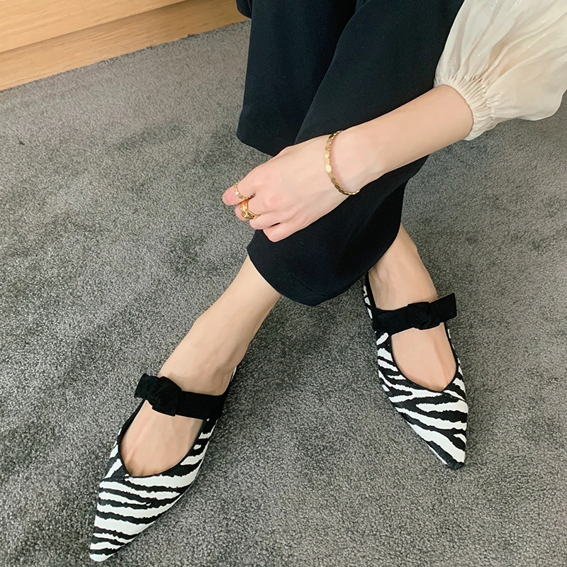 

Women's horsehair slip-on flats mules bow tie pointed toe female soft comfortable summer slides casual daily sandals shoes women