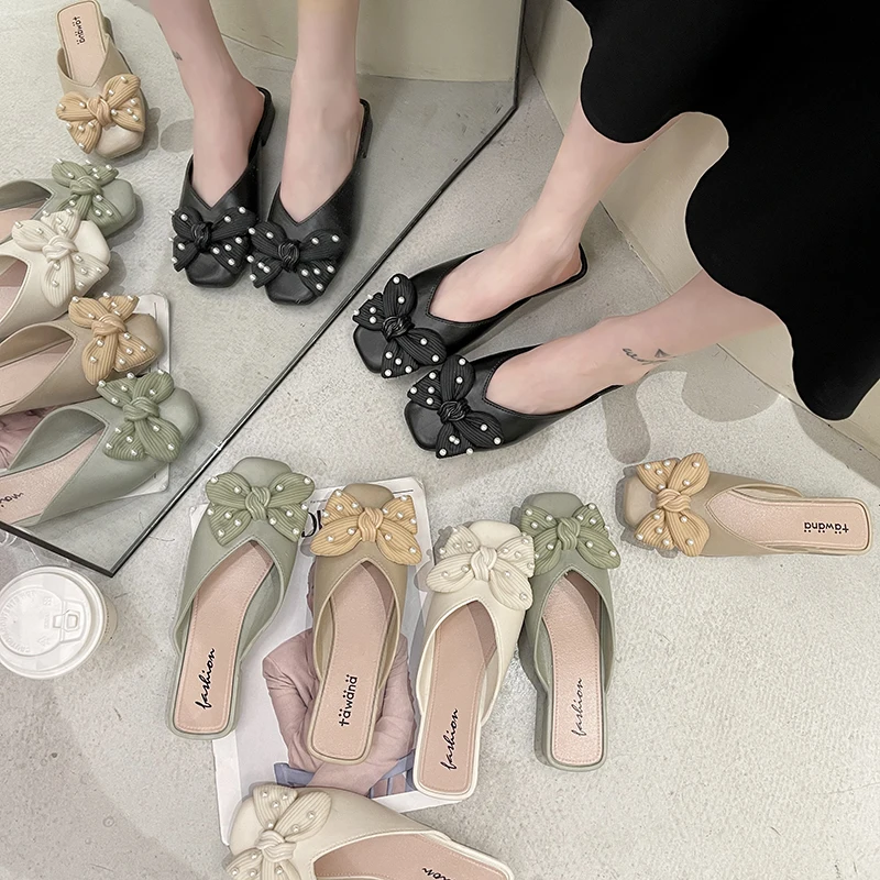 

Shoes Woman 2021 Slippers Casual Cover Toe Pantofle Square heel Butterfly-Knot Loafers String Bead Luxury New Summer Block Flat