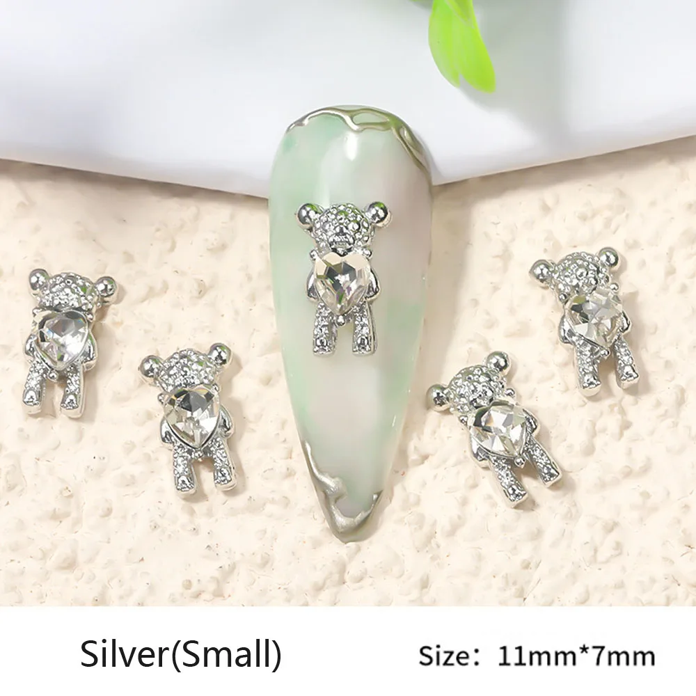10Pcs/lot 3D Bear Design Nail Art Charms Alloy Rhinestones 14*7/11*7mm Decorations Gold/Silver Nail Metal Accessories Jewelry images - 6