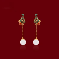 chinese style enamel color elegant female charm carnelian hotan white jade stone long tassels earring vintage minorities jewelry
