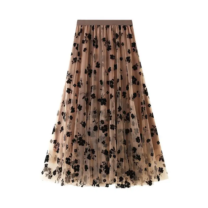 

Women Floral Tutu Tulle Mesh Skirts Spring Summer Elastic High Waist Flower Print Pleated Midi Skirt 2022 Female Clothes Y890