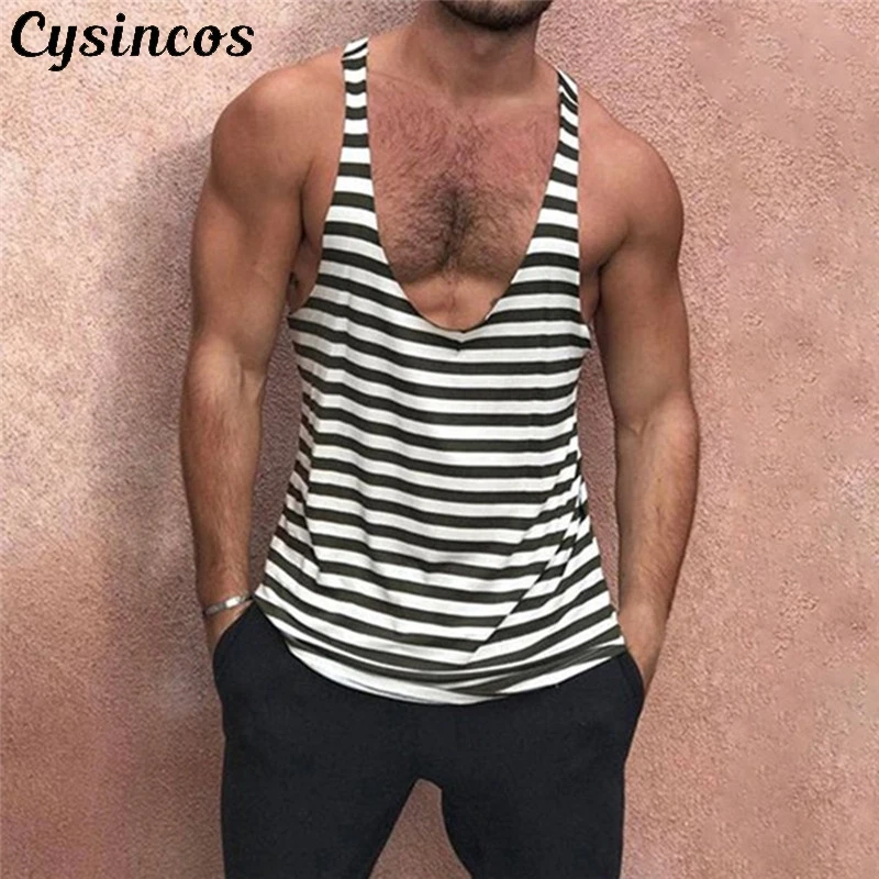Мужская майка в полоску CYSINCOS повседневная без рукавов новом стиле для фитнеса