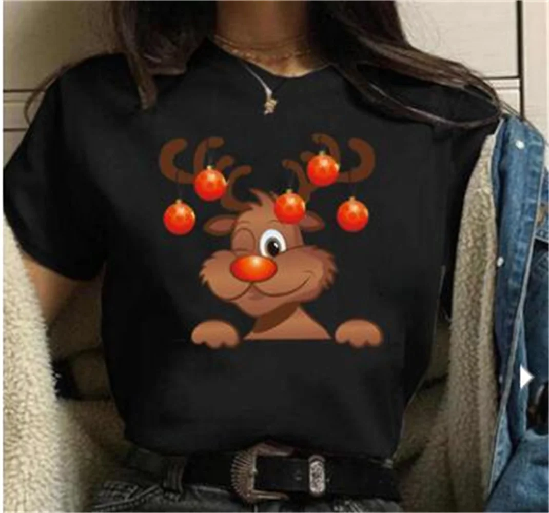 

Christmas Snowman Reindeer Beer Cartoon Print Christmas Harajuku Casual Ladies Round Neck Loose Black Short Sleeve T-shirt