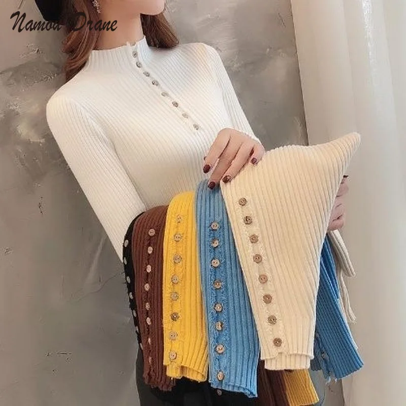 

Half High Neck Knitted Bottoming Shirt Female Korean Version 2021 New Slim Solid Color Button Long-sleeved Sweater Was Thin Tide
