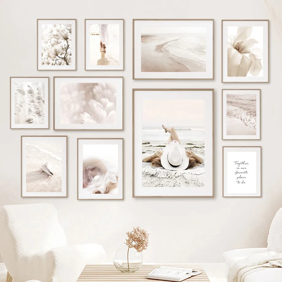 

Sexy Woman'S Feather Wall Art Canvas Painting Seashell Begonia Beach Nordic Poster Canvas Painting Living Room Decoration