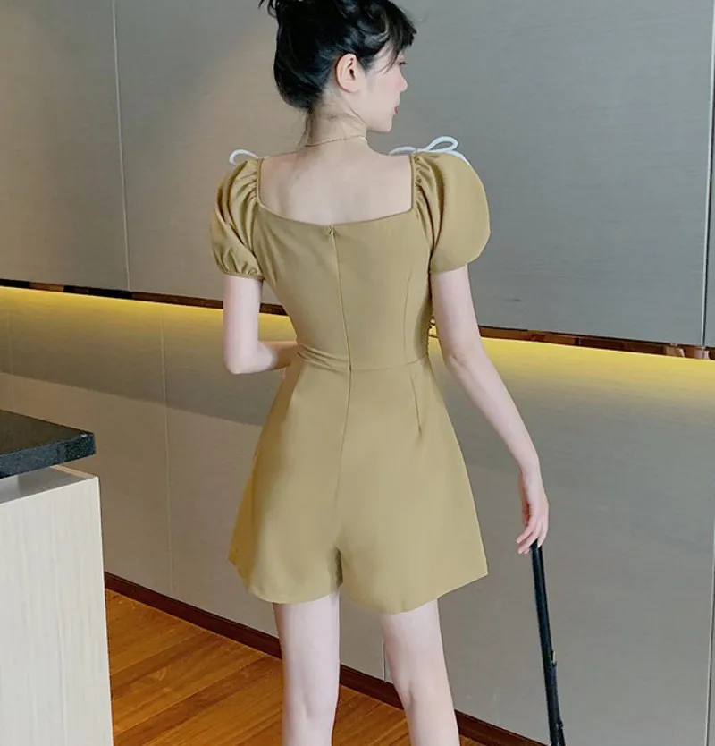 

2021 Summer casual women Pleated Short Puff Sleeve High Waist Wide Leg Shorts Overalls Square Collar Rompers Jumpsuit