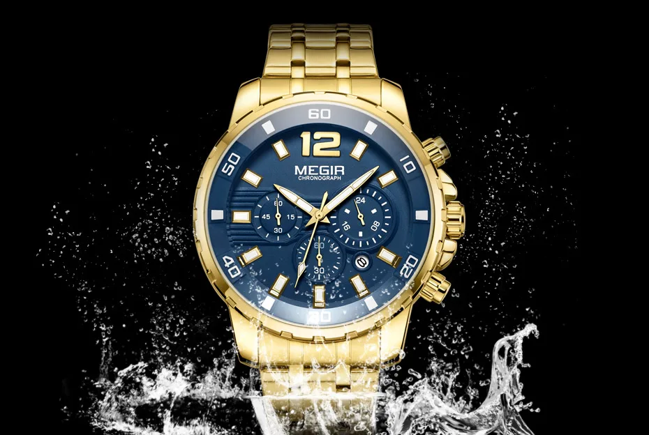 

Men's Gold Stainless Steel Quartz Watches Business Chronograph Analgue Wristwatch for Man Waterproof Luminous