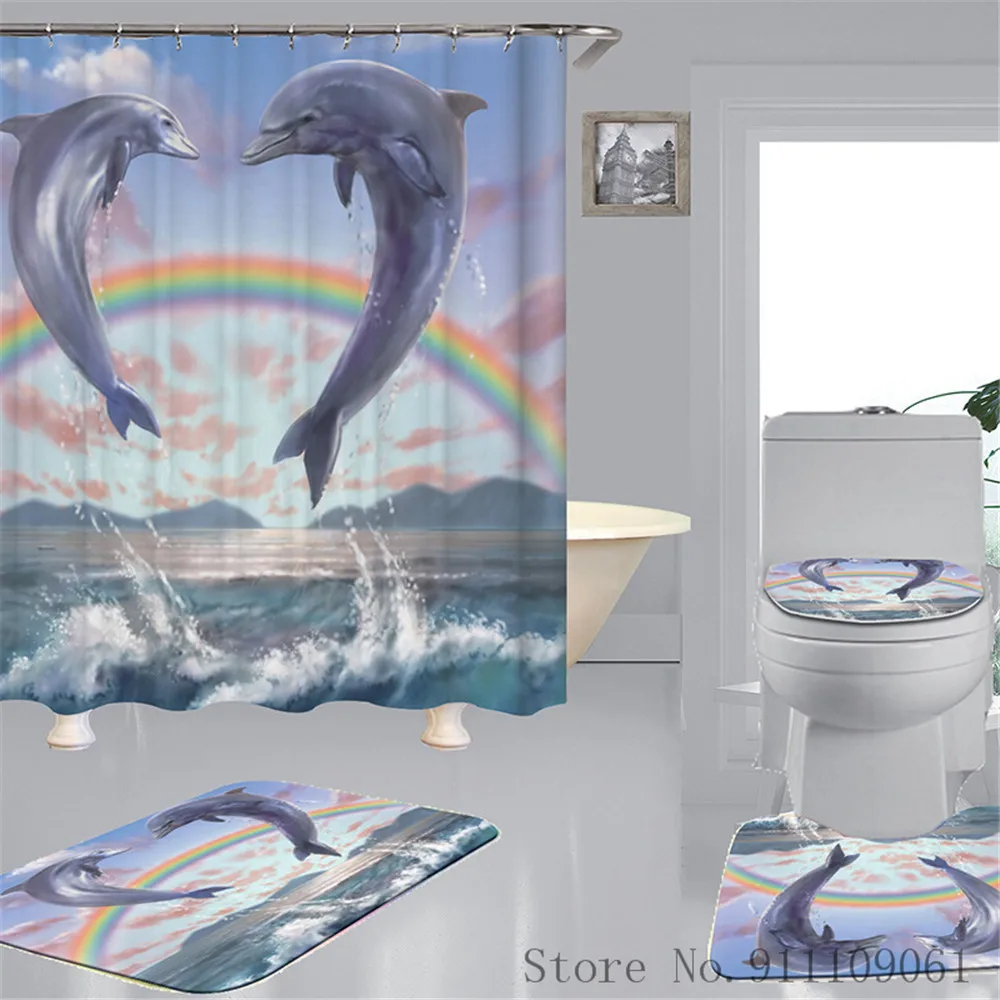 

Marine Animal Creative 3D Print Shower Curtain Waterproof and Mildew Proof Bathroom Partition Curtains Non-slip Bath Toilet Mat