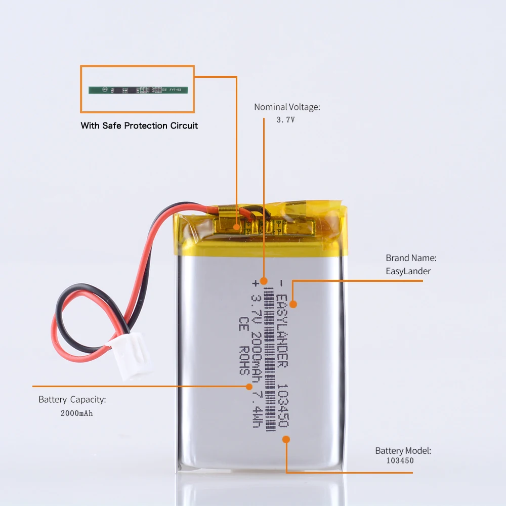 3 7v 2000mah 103450 xh2 54 2p 2 0 2p battery li polymer batteries for toy gps mp3 mp4 mp5 cell phone speaker driving dvr free global shipping