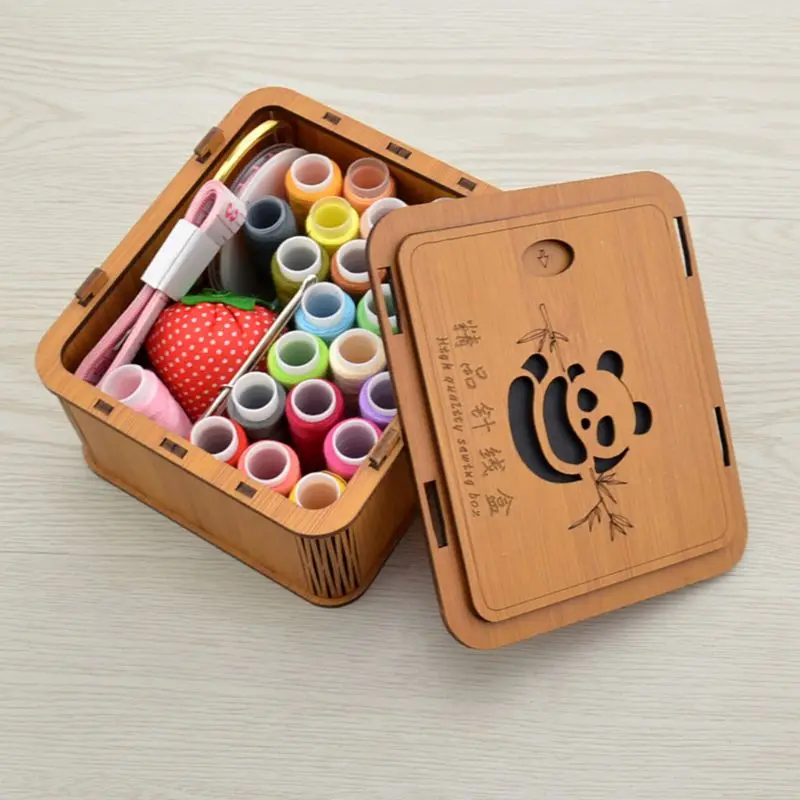 

24 Colors Sewing Thread Needles Tools Kit with Bamboo Wooden Organizer Basket