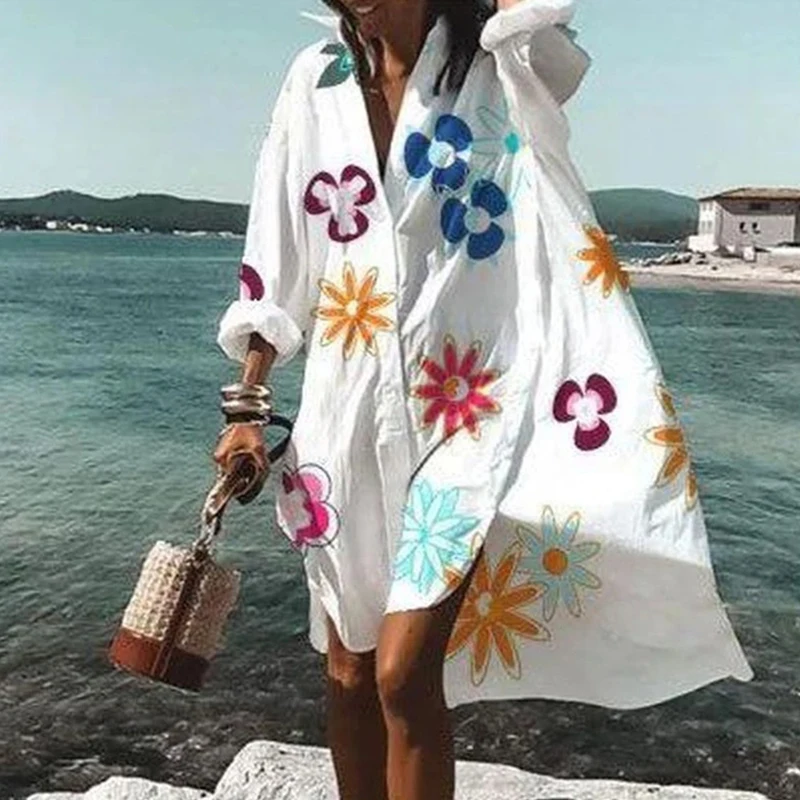 

Women Turn-down Collar Button Shirt Dress Autumn Floral Print Long Sleeve Party Dress Female Loose Irregular Beach Dress Vestido