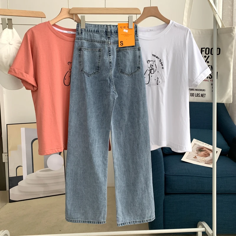 

Light Blue Denim Trousers Vintage Wide Leg Pants Women Korean Straight Long Pants High Waist Casual Loose With Belt 2021 spring