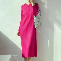 dress for women fall new miyake pleated chinese style one button solid v neck loose large size long sleeve straight dresses