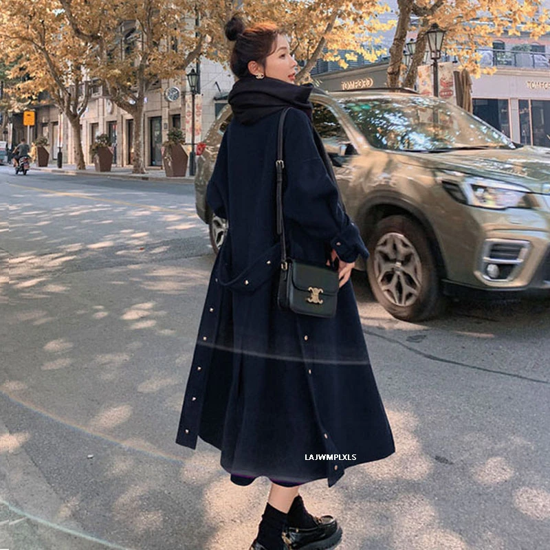 

2021 fashion red adjustable bandage waist long sleeve woolen coat mid-length turn-down collar autumn winter windbreaker NZ09