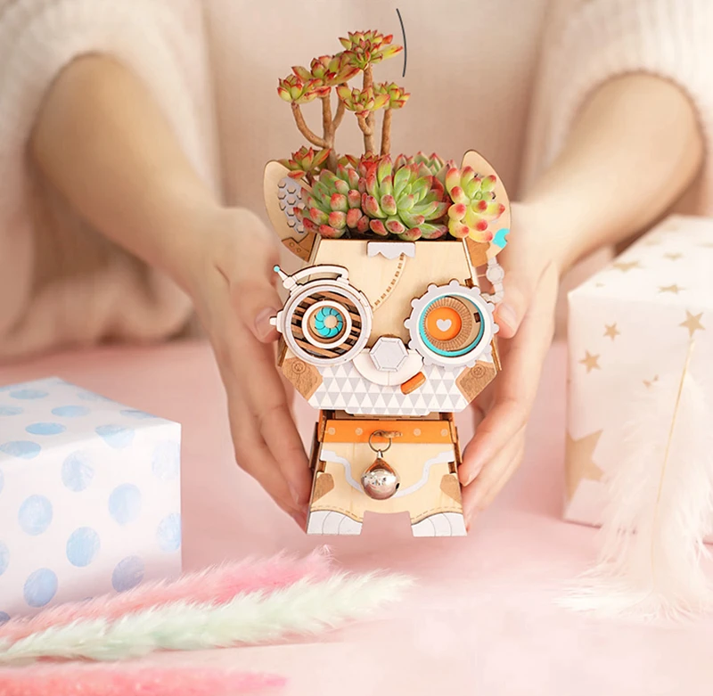 3D Деревянный робот-головоломка игра Креативный цветочный горшок коробка для
