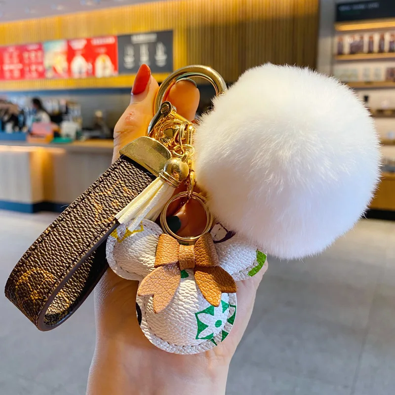 

Original Kawaii Keychain Cute Pattern Leather Tassel Plush Ball Fashion Mobile Phone Bag Pendant Car Key Chain Ring Decorations