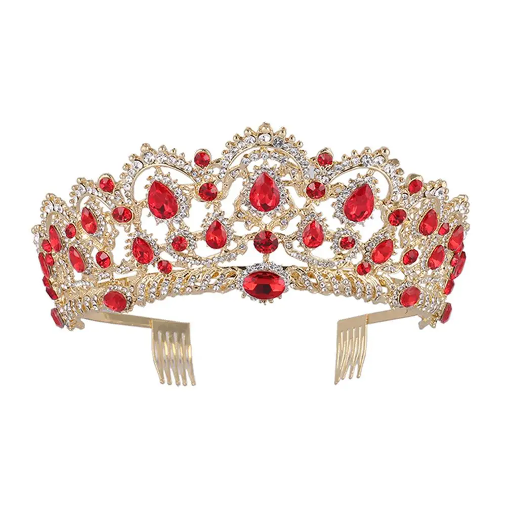 1Pcs Red Crown Барокко Винтаж золото Красный Зеленый Синий Кристалл Свадебные Ювелирные наборы ожерелье серьги корона с гребнем африканские бусы Ювелирные наборы - Окраска металла: 1Pcs Red Crown