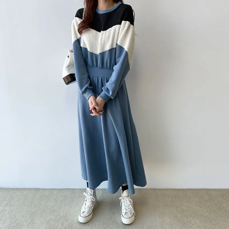 

JXMYY Autumn fashion casual new chic stitching lamb hair hit color plus velvet sweater mid-length dress women