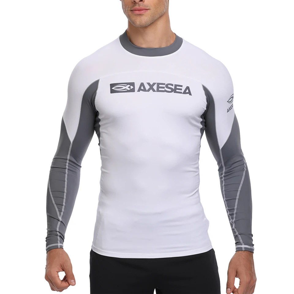 AXESEA Men Rash Guard Patchwork Swimwear Long Sleeve Rashguard Sun Protection Swimsuit Surfing Shirt Top UPF50+ Sport Beachwear