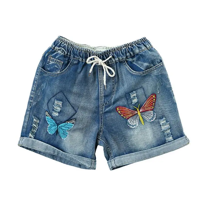 Джинсовые шорты женские рваные с вышивкой в виде бабочек стиле ретро эластичной