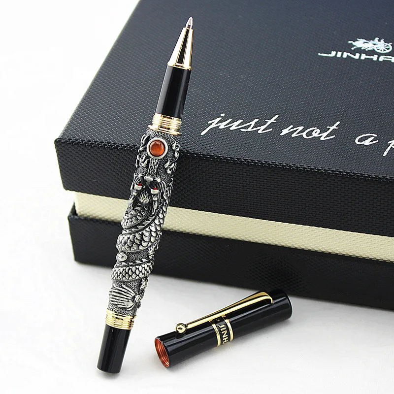 JINHAO-Bolígrafo de bola de cristal tallado, juego de bolígrafos con perlas de dragón gris Noble, para regalos, oficina y escuela, nuevo diseño