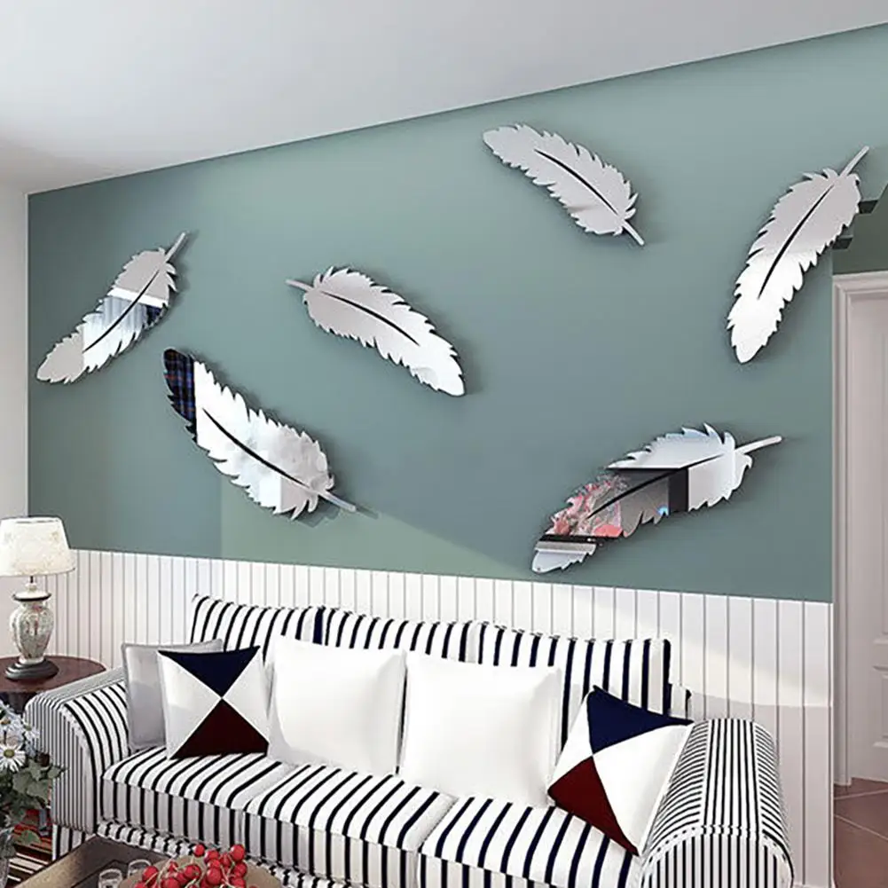 

8 pcs/lot Creative Feather Designed 3D Mirror Child Kitchen Home Decor Wall Sticker Adesivo De Parede Vinilos Paredes