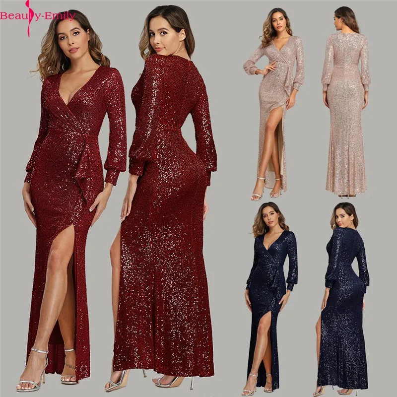 Женское вечернее платье с юбкой годе длинным рукавом и V образным