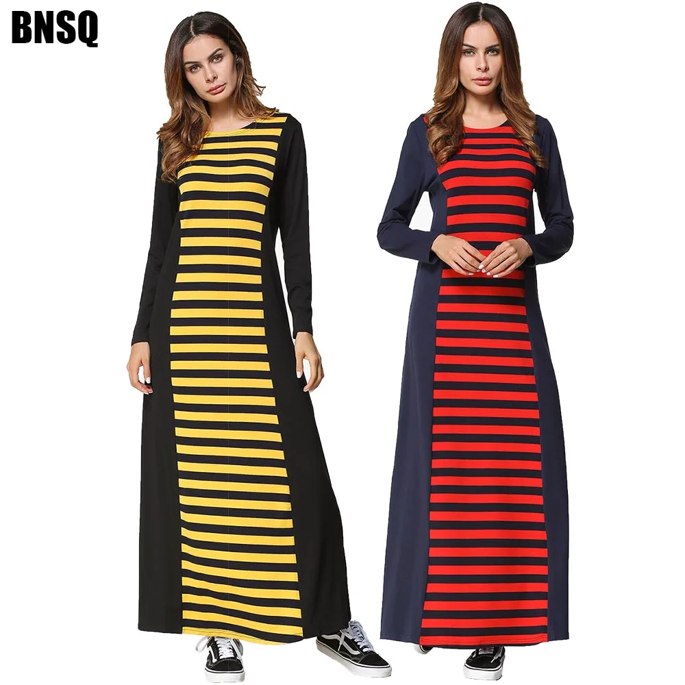 

BNSQ Long Sleeve Knit Striped Dress With Simple Comfortable Stitching Woman Dubai Arabic Turkish Muslim Elegant Abaya Islamic