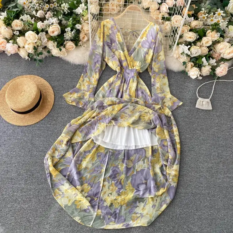 

Retro Style Ultra Long V-neck Flare Sleeve Flower Prints Chiffon Dress New Trendy Chiffon Dress