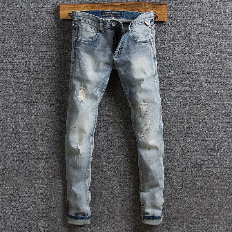 Итальянский стиль модные мужские джинсы Ретро светло голубые потертые зауженные