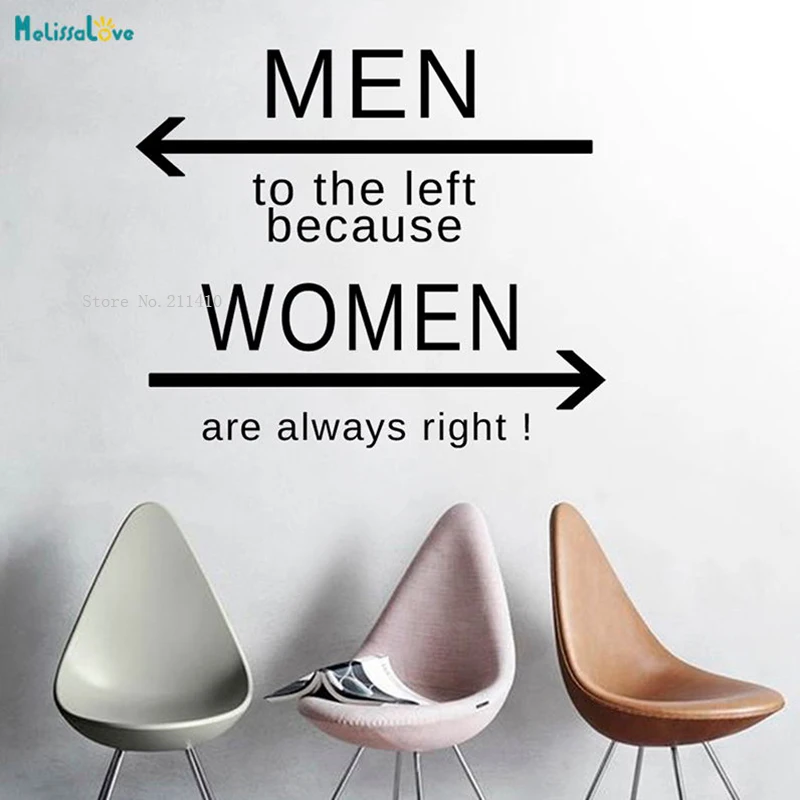 

Наклейка на стену с цитатой налево, потому что женщины мужчины всегда правы, съемная, для гостиной, интересный текст, художественные росписи YT2141