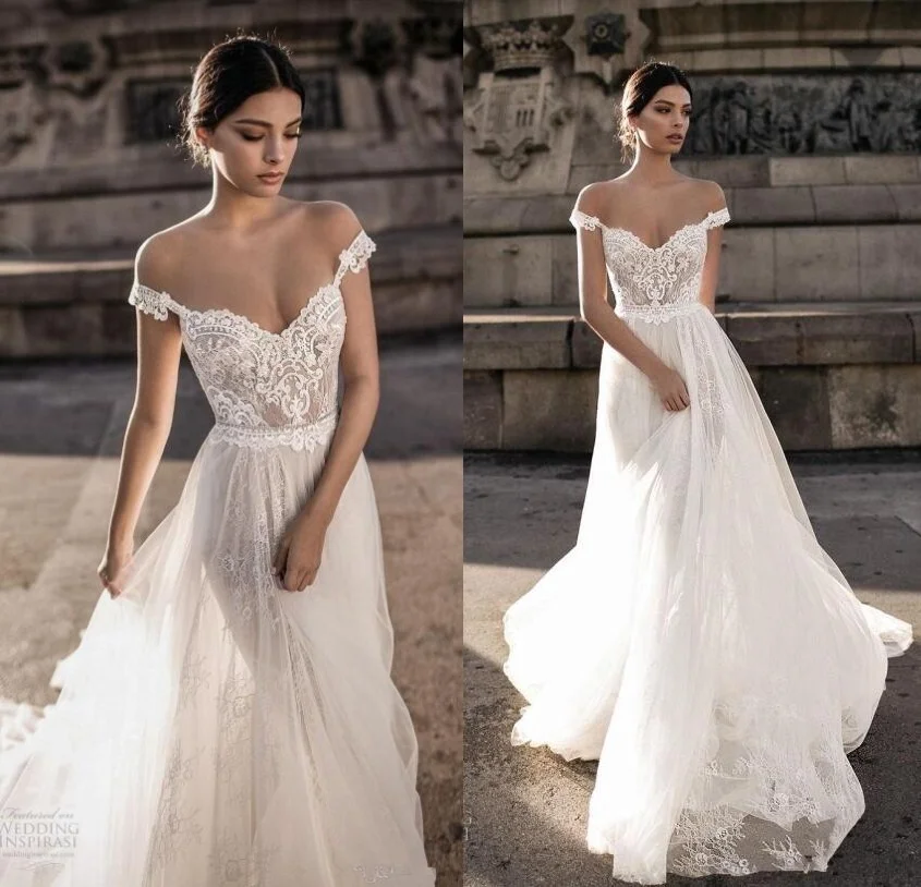 

Vintage Lace Bohemian Wedding Dresses Summer Beach Backless Off The Shoulder Berta Bridal Gowns Cheap Wedding Reception Dress