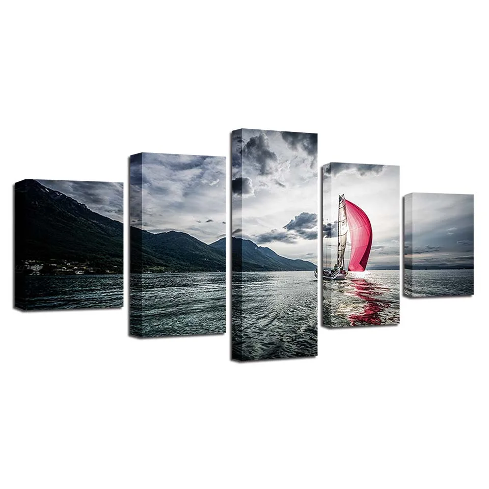 

Artwork Canvas Painting HD Prints Home Decoration 5 Pieces Sail Boat Wall Art Sea Modular Landscape Picture Living Room Poster