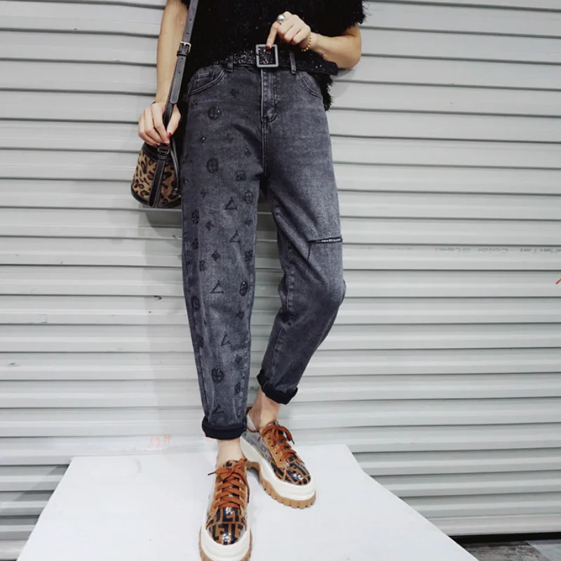 Женские джинсы с высокой талией винтажные шаровары принтом сбоку свободные