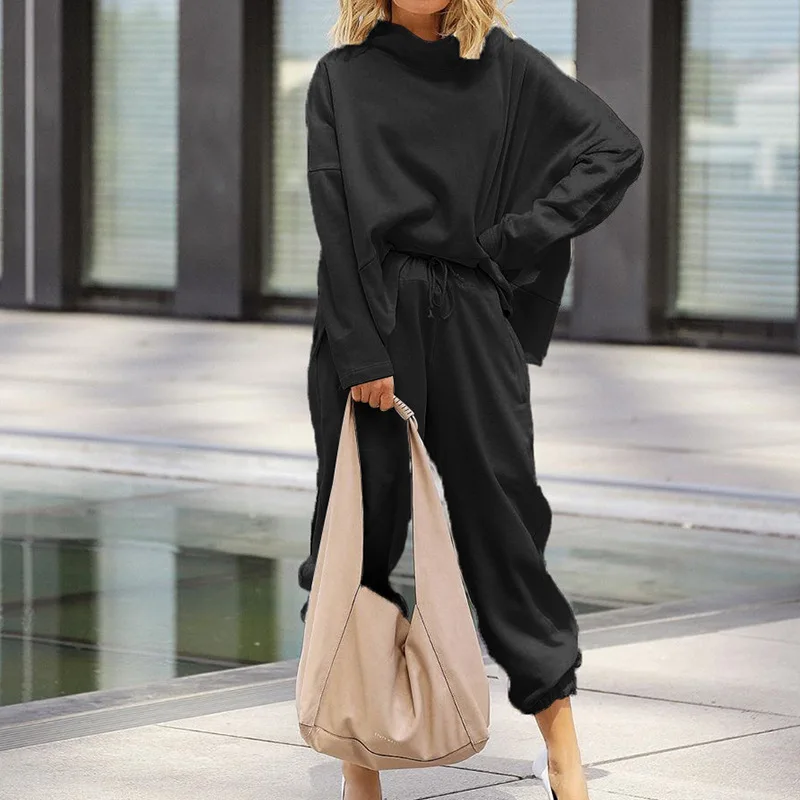 

Oversized Two Piece Outfits for Women Solid Turtleneck Pullover Sweatshirts Casual Drawstring Waist Harem Pants Autumn Winter