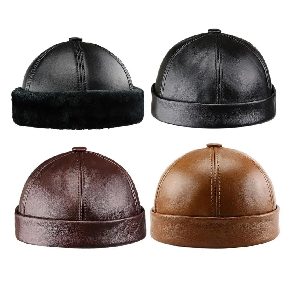 

Leather Hat Landlord Hat Men's Winter Warmth Without Eaves Melon Leather Hat Middle-aged and Elderly Men's Hat Old Man Hat
