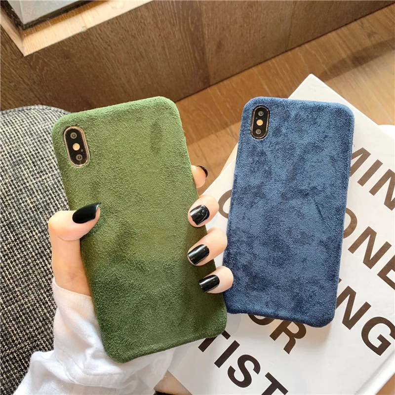 Winter Warm Plush Phone Case For iPhone 7 8 Plus 11 Pro X XR XS Max Furry Cloth Plain Soft PU Back Cover |