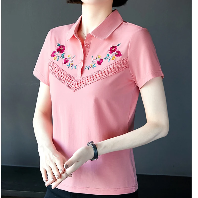 Polo de algodón para mujer, camisa con bordado de flores, informal, de colores, primavera y verano, 2022