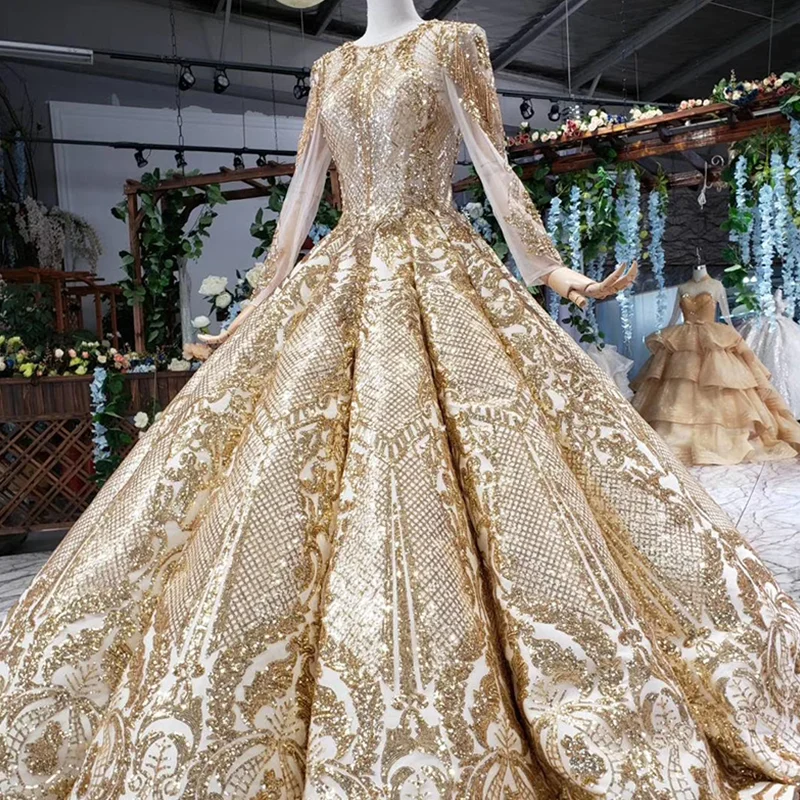 HTL527 Luxury Evening Dress 2021 Floor Length Crystal Beading O-Neck Long Sleeve Shiny Golden For Muslim