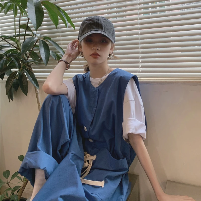 

Casual Korean Wide Leg Jumpsuits Women O-Neck Short Sleeve Pockets Rompers Women 21 Summer Loose Fashion Jumpsuit Female LD2174